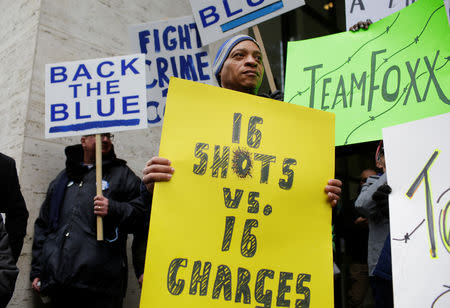 A counter protester stands in front of Fraternal Order of Police supporters protesting the handling of the Jussie Smollett case by the State's Attorney Kim Foxx in Chicago, Illinois, U.S., April 1, 2019. REUTERS/Joshua Lott