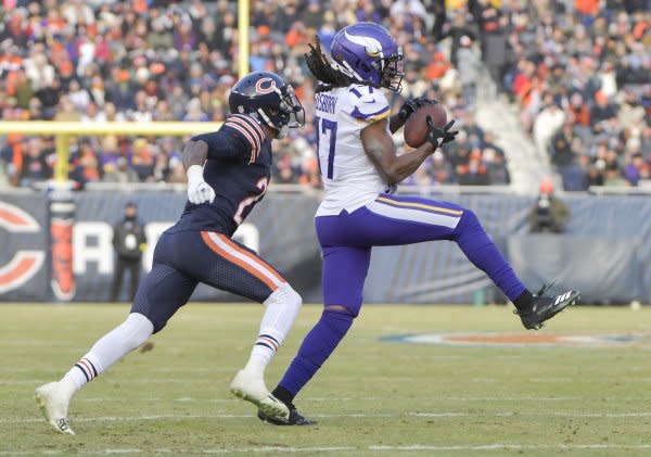 Wide receiver K.J. Osborn (R) and the Minnesota Vikings will play the Atlanta Falcons on Sunday in Atlanta. File Photo by Mark Black/UPI