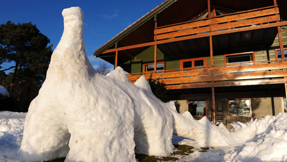 A large-necked dinosaur made out of snow.