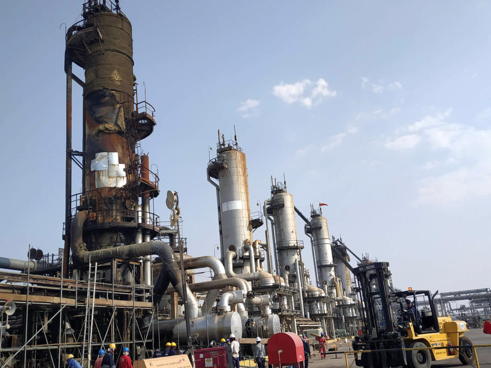  Press tour to the Saudi Aramco oil refinery at the Abqaiq and Khurais oil fields in Saudi Arabia that was attacked by drones on September 14. The site of the Saudi Aramco oil refinery at the Abqaiq oil field. Repairs of the oil processing complex after the attack. October 12 2019. Saudi Arabia, Abqaiq and Khurais Photo credit: Belenkaya Marianna/Kommersant/Sipa USA 