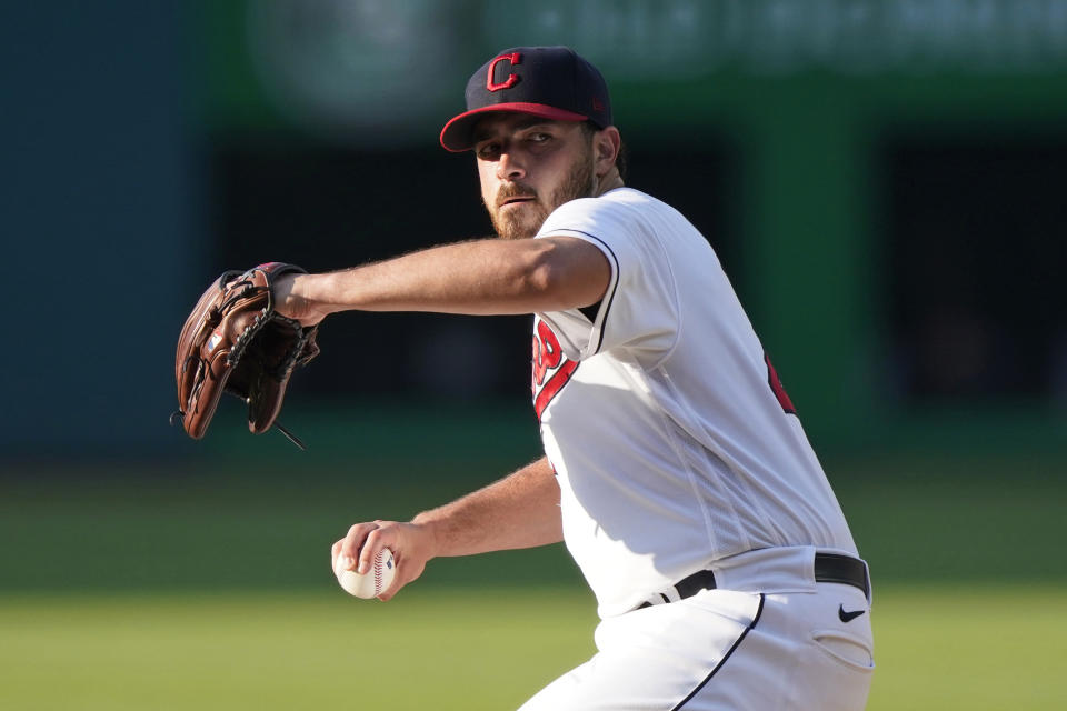Cleveland Indians starting pitcher Aaron Civale delivers in the first inning of the team's baseball game against the Seattle Mariners, Friday, June 11, 2021, in Cleveland. (AP Photo/Tony Dejak)