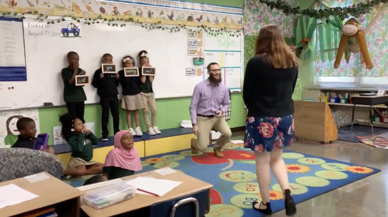 A special-education teacher got engaged her classroom among 20 of her students. (Screenshot: Facebook/EastSide Charter School) 