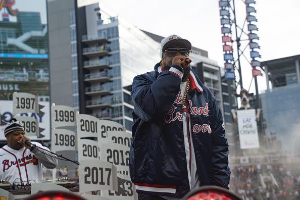 ATLANTA, GA - NOVEMBER 05: Rapper Big Boi performs following the World Series Parade at Truist Park on November 5, 2021 in Atlanta, Georgia. The Atlanta Braves won the World Series in six games against the Houston Astros winning their first championship since 1995. (Photo by Megan Varner/Getty Images)