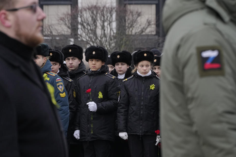 Cadets attend a commemoration ceremony at the monument of the Heroic Defenders of Leningrad, in St. Petersburg, Russia, Saturday, Jan. 27, 2024. The ceremony marked the 80th anniversary of the battle that lifted the Siege of Leningrad. The Nazi siege of Leningrad, now named St. Petersburg, was fully lifted by the Red Army on Jan. 27, 1944. More than 1 million people died mainly from starvation during the nearly900-day siege. (AP Photo/Dmitri Lovetsky)