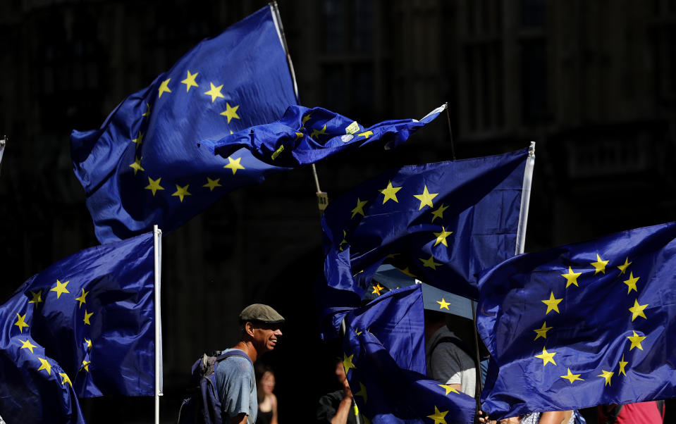 Anti Brexit protestors wave their flags opposite Parliament in London, Thursday, Aug. 29, 2019. Political opposition to Prime Minister Boris Johnson's move to suspend Parliament is crystalizing, with protests around Britain and a petition to block the move gaining more than 1 million signatures.(AP Photo/Frank Augstein)