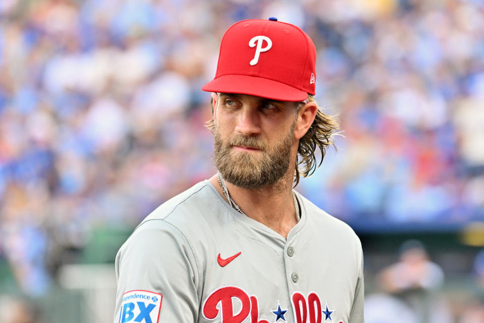 KANSAS CITY. MO - AUGUST 24: Philadelphia Phillies first baseman Bryce Harper (3) as seen during a MLB game between the Kansas City Royals and the Philadelphia Phillies, on August  24, 2024, at Kauffman Stadium, Kansas City, MO. (Photo by Keith Gillett/Icon Sportswire via Getty Images)