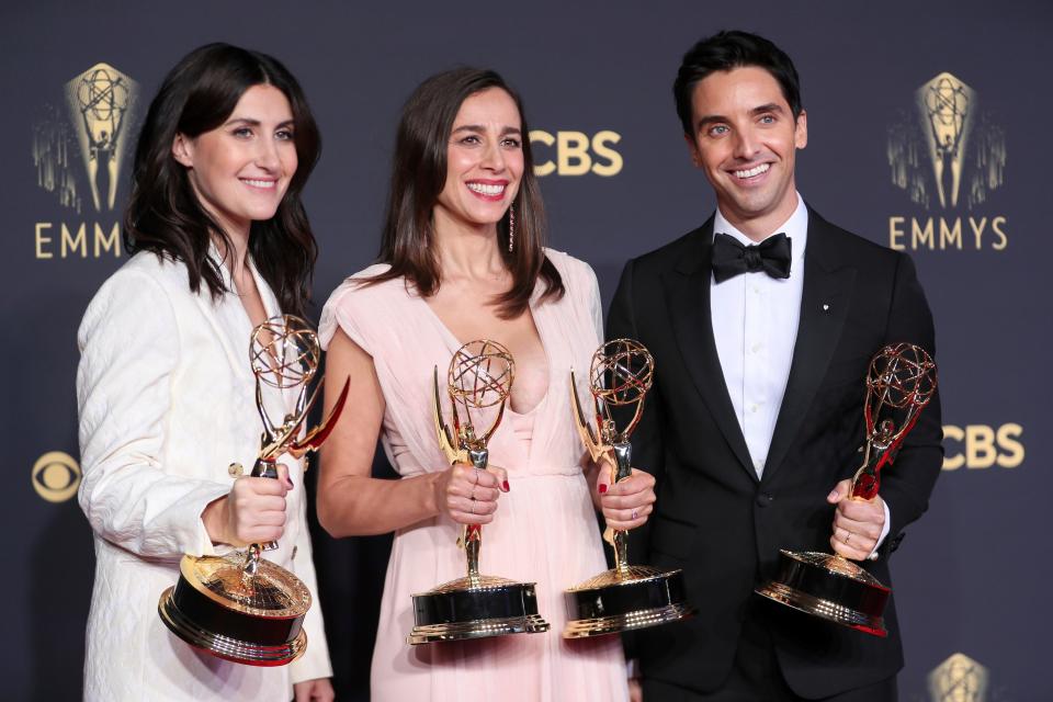 From left, Milton native Jen Statsky, Lucia Aniello and Paul W. Downs pose for a photo with the awards for outstanding writing for a comedy series and outstanding directing for a comedy series for "Hacks" at the 73rd Emmy Awards at the JW Marriott on Sunday, Sept. 19, 2021, at L.A. LIVE in Los Angeles.