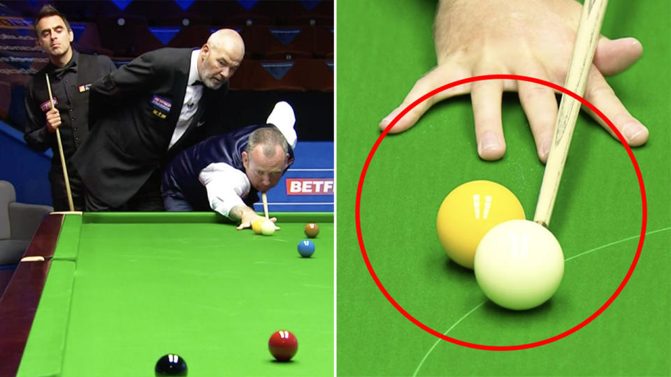 Mark Williams (pictured left) taking a shot in snooker and (pictured right) nudging the yellow ball.