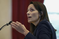 Sabrina Strong, an attorney for Johnson & Johnson and its subsidiaries, gestures as she speaks during a hearing to settle disagreements between Johnson & Johnson and the State over Judge Thad Balkman's final judgement in the opioid lawsuit, Tuesday, Oct. 15, 2019 in Norman, Okla. (AP Photo/Sue Ogrocki)