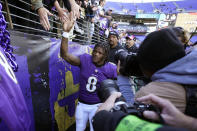 Baltimore Ravens quarterback Lamar Jackson (8) walks off the field after an NFL football game against the Detroit Lions, Sunday, Oct. 22, 2023, in Baltimore. (AP Photo/Alex Brandon)