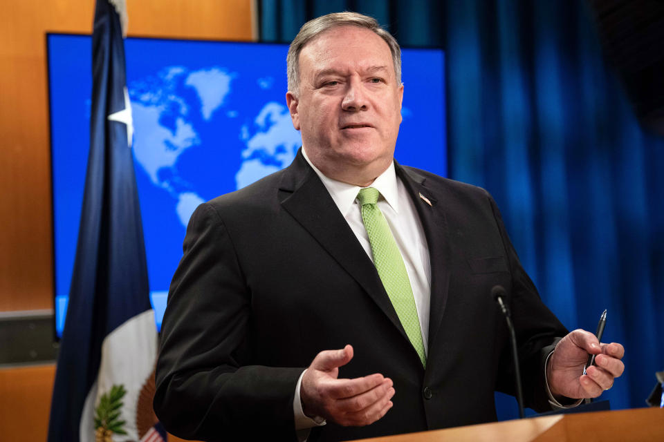 Secretary of State Mike Pompeo speaks during a press briefing at the State Department on Wednesday, May 20, 2020, in Washington. (Nicholas Kamm/Pool Photo via AP)