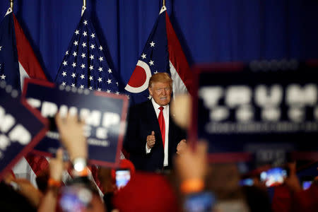 U.S. Republican presidential nominee Donald Trump is cheered as he takes the stage to speak at a campaign event in Columbus, Ohio, U.S., October 13, 2016. REUTERS/Mike Segar