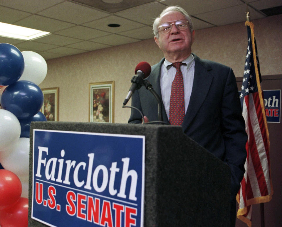 FILE - Sen. Lauch Faircloth, R-N.C., speaks to supporters at his campaign headquarters in Raleigh, N.C., Tuesday, May 5, 1998, after winning the Republican Senate primary. Former U.S. Sen. Lauch Faircloth of North Carolina, a onetime conservative Democrat who switched late in his career to the Republicans and then got elected to Congress, died Thursday, Sept. 14, 2023. He was 95.(AP Photo/Karl DeBlaker, File)