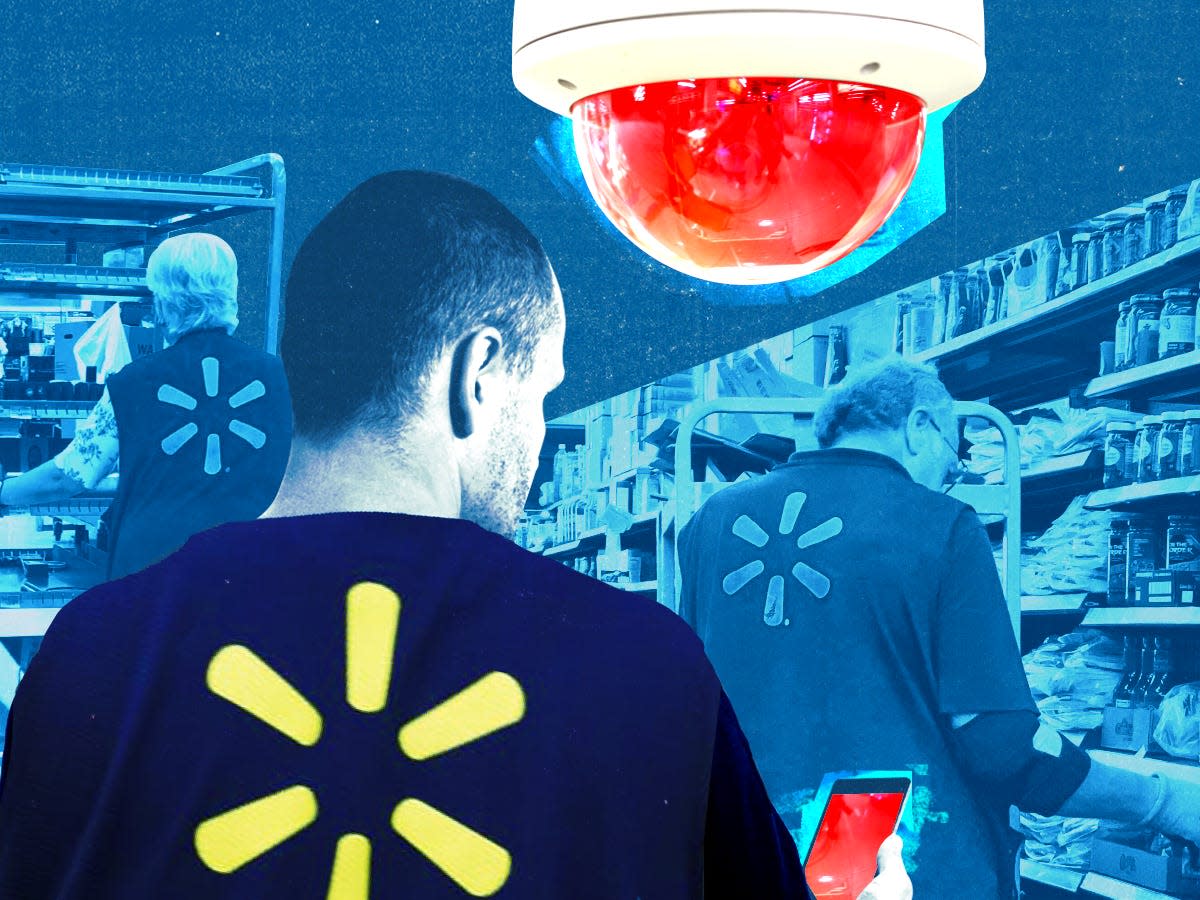 Collage featuring Walmart employees, and a dome security surveillance system