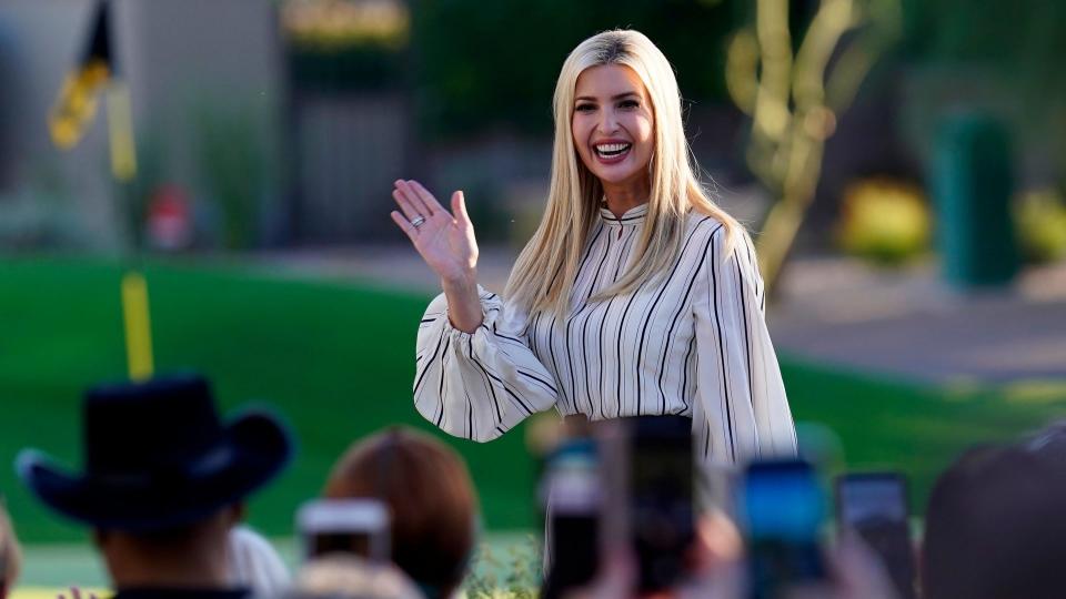 Mandatory Credit: Photo by Ross D Franklin/AP/Shutterstock (10950243a)Ivanka Trump, daughter and adviser to President Donald Trump, waves to supporters as she arrives to speak at a campaign event, in Paradise Valley, ArizElection 2020 Arizona, Paradise Valley, United States - 11 Oct 2020.