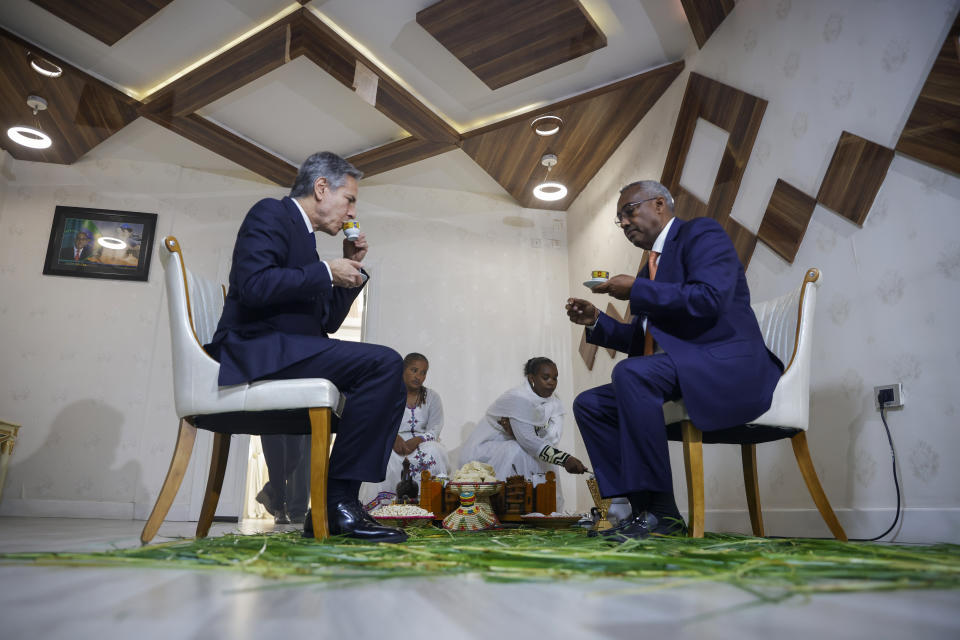 U.S. Secretary of State Antony Blinken, left, meets Ethiopian Deputy Prime Minister and Foreign Minister Demeke Mekonnen in Addis Ababa, Ethiopia, Wednesday, March 15, 2023. (Tiksa Negeri/Pool Photo via AP)