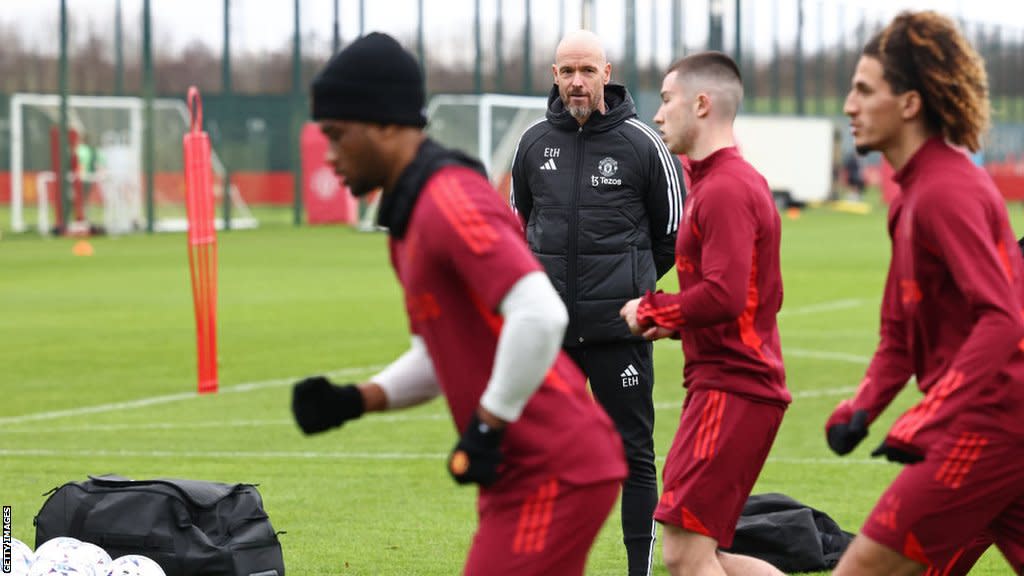 Erik ten Hag takes a team training session at the Carrington Training Complex in Manchester