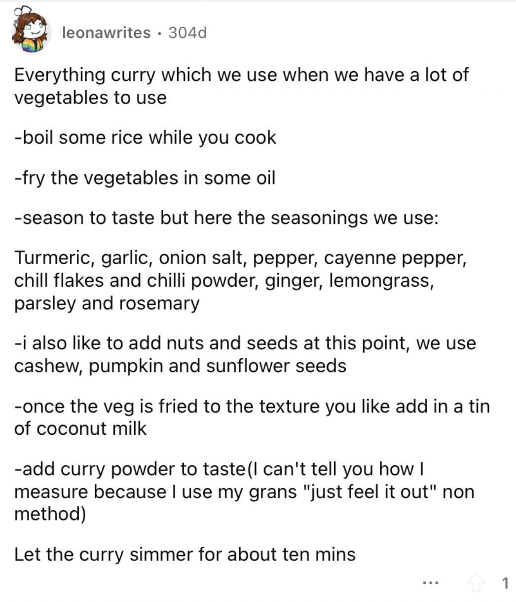 Reddit screenshot about a cheap and easy everything curry.