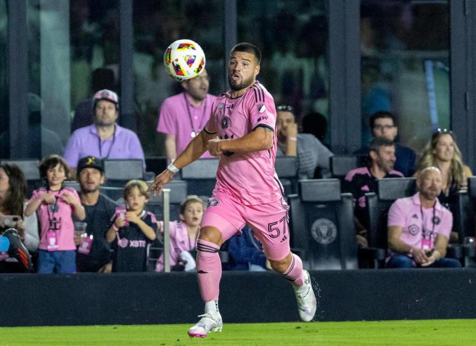 Inter Miami defender Marcelo Weigandt (57) runs with the ball in the first half of an MLS match against New York City FC at Chase Stadium on Saturday, March 30, 2024, in Fort Lauderdale, Fla.