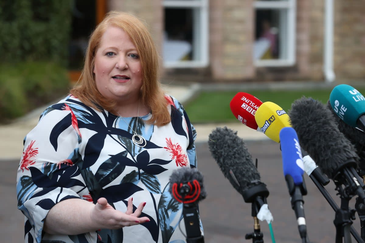 Alliance Party leader Naomi Long speaks to the media after meeting Rishi Sunak on Friday morning (Liam McBurney/PA)