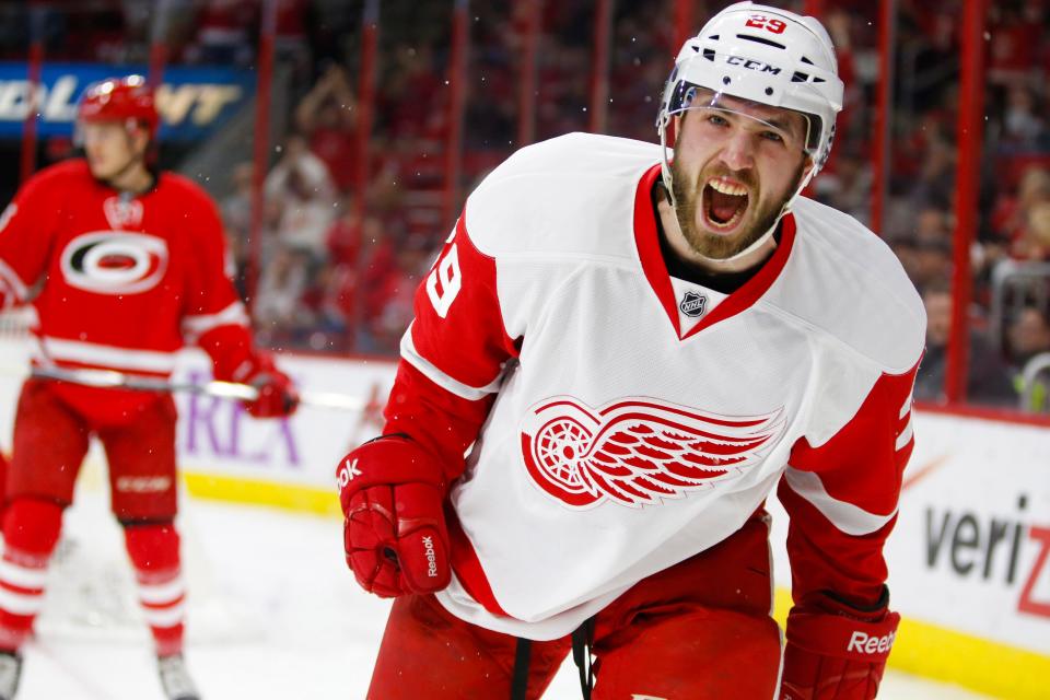 Detroit Red Wings forward Landon Ferraro (29) celebrates his first period goal against the Carolina Hurricanes at PNC Arena.