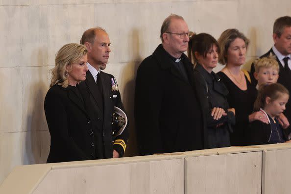 LONDON, ENGLAND - SEPTEMBER 17: Sophie, Countess of Wessex and Prince Edward, Earl of Wessex arrive for a vigil in honour of Queen Elizabeth II at Westminster Hall on September 17, 2022 in London, England. Queen Elizabeth II's grandchildren mount a family vigil over her coffin lying in state in Westminster Hall. Queen Elizabeth II died at Balmoral Castle in Scotland on September 8, 2022, and is succeeded by her eldest son, King Charles III. (Photo by Chris Jackson/Getty Images)