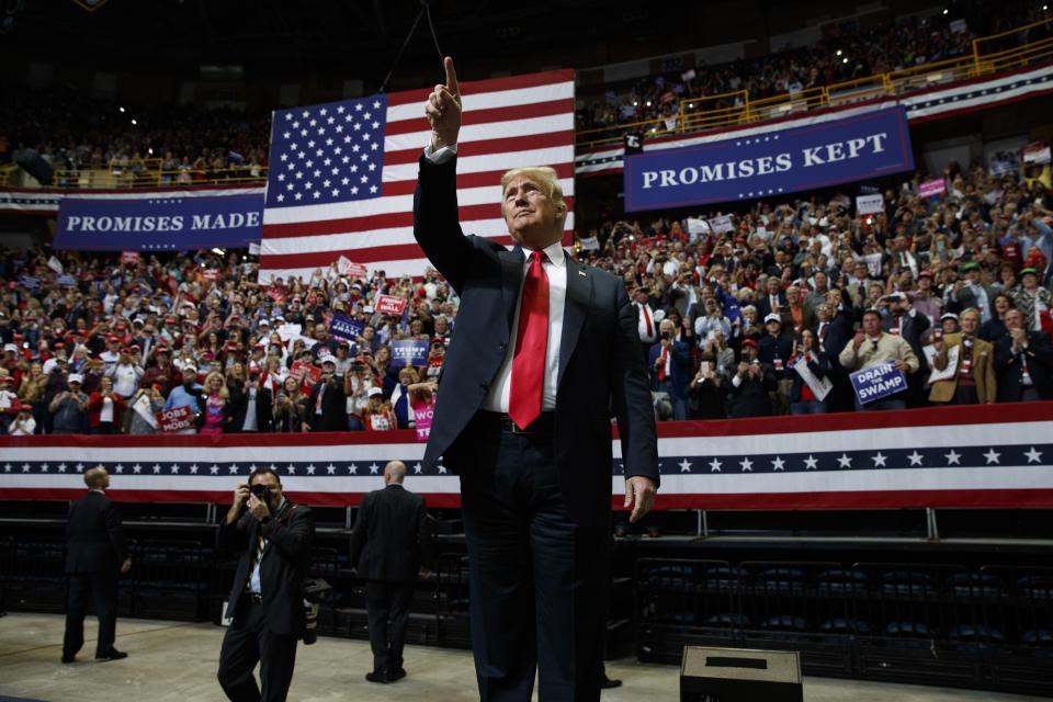 President Donald Trump arrives to speak at a campaign rally, Sunday, Nov. 4, 2018, in Chattanooga, Tenn. (AP Photo/Evan Vucci)