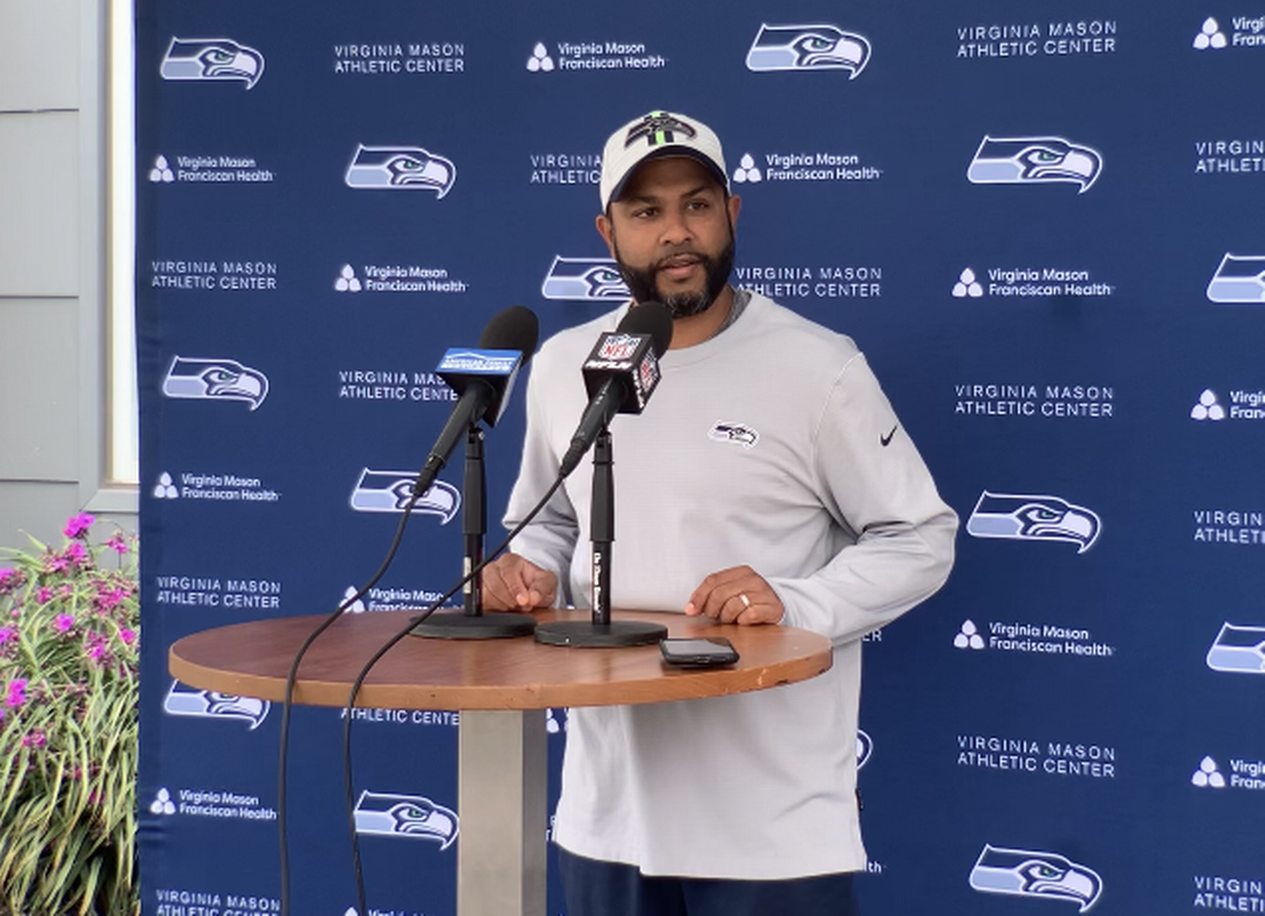 New Seahawks associate head coach for defense Sean Desai speaks following offseason practice at the Virginia Mason Athletic Center on June 14, 2022. Desai joined Pete Carroll’s staff in Seattle after eight years as an assistant with the Chicago Bears. Last season he was the Bears’ defensive coordinator.