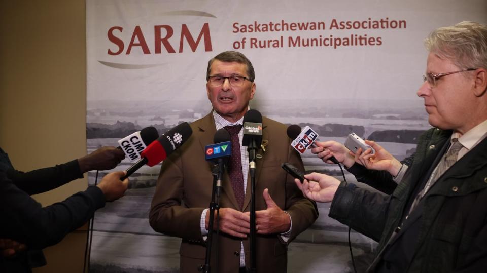 Ray Orb, president of the Saskatchewan Association of Rural Municipalities (SARM), speaks with media during the 2024 SARM convention in Regina on March 14, 2024. 