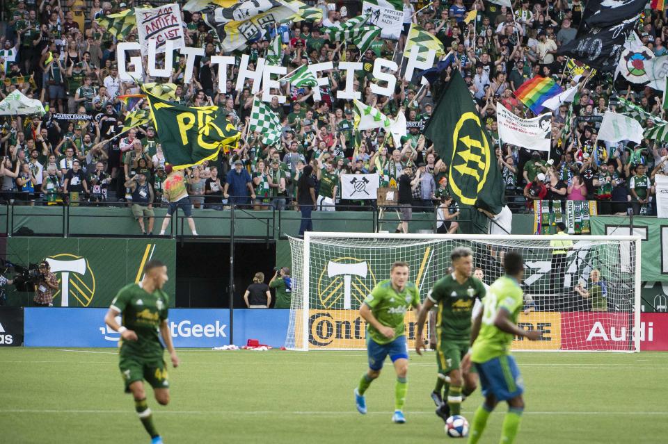 Aug 23, 2019; Portland, OR, USA; Portland Timbers fans send a message to the Seattle Sounders in the first half at Providence Park. The Seattle Sounders won 2-1. Mandatory Credit: Troy Wayrynen-USA TODAY Sports