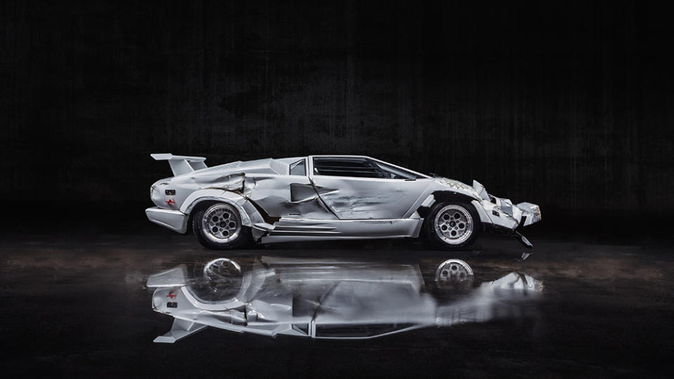 The wrecked Lamborghini Countach from "The Wolf of Wall Street" from the side