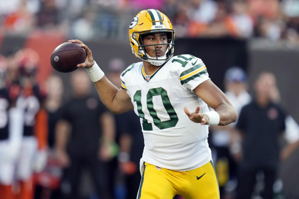 Green Bay Packers quarterback Jordan Love throws against the Cincinnati Bengals during the first half of a preseason NFL football game Friday, Aug. 11, 2023, in Cincinnati. (AP Photo/Michael Conroy)