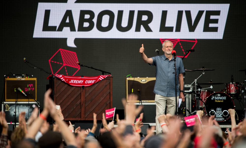 Jeremy Corbyn speaks to the crowd on the main stage at Labour Live