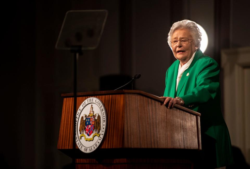 Gov. Kay Ivey speaks during the State of the State address at the Alabama State Capitol Building in Montgomery, Ala., on Tuesday, March 7, 2023.