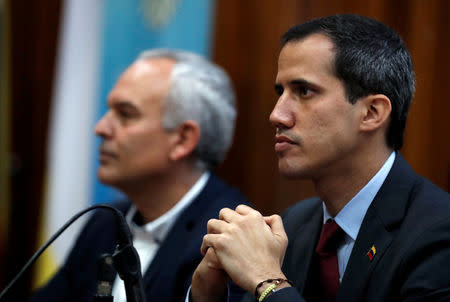 Venezuelan opposition leader Juan Guaido attends a meeting with representatives of FEDEAGRO, the Confederation of Associations of Agricultural Producers of Venezuela, in Caracas, Venezuela February 6, 2019. REUTERS/Carlos Garcia Rawlins
