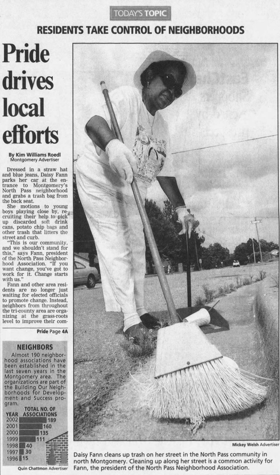 Neighborhood Association President Daisy Fann's efforts to clean up her North Pass neighborhood were spotlighted in this front page article from the July 18, 2002, Montgomery Advertiser.