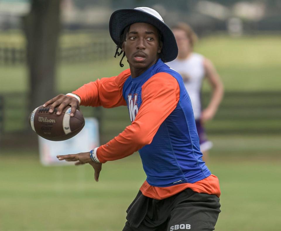 West Orange High School Warriors’ Trever Jackson throws the ball at the Florida High School 7v7 Association state championship in The Villages on Friday, June 24, 2022. [PAUL RYAN / CORRESPONDENT]

Florida High School 7v7 Association State Championship