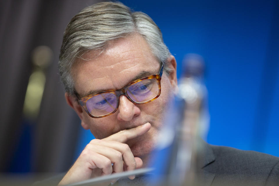 European Commissioner for Security Union Julian King pauses before speaking during a media conference for the Presidency press release on member states' report on EU coordinated risk assessment of 5G network security at the European Council building in Brussels, Wednesday, Oct. 9, 2019. (AP Photo/Virginia Mayo)