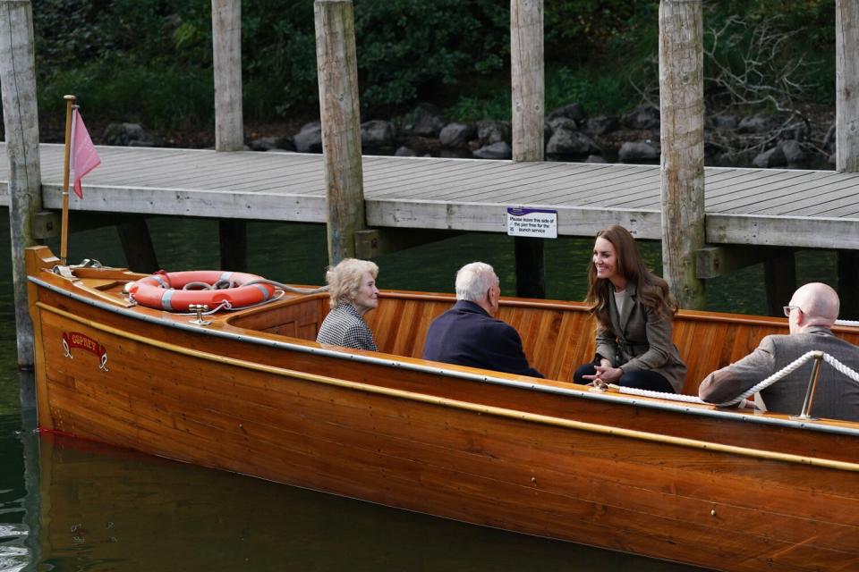 Catherine, Duchess of Cambridge arrives to embark on a boat trip on Lake Windermere