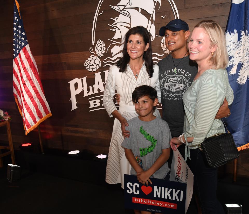Republican presidential hopeful Nikki Haley brought her campaign to the Plankowner Brewing Company in Boiling Springs on Thursday, Sept. 7, 2023. Felizia and Neil Mulchan, of Greer, son, Kai Mulchan, 7, got a chance to ask Nikki Haley a question. Here, Nikki Haley takes takes a photo with the family.