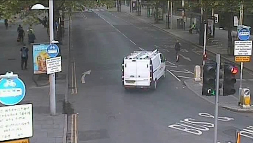 CCTV showing Valdo Calocane driving the white van, stolen from Ian Coates, into Wayne Birkett (PA)