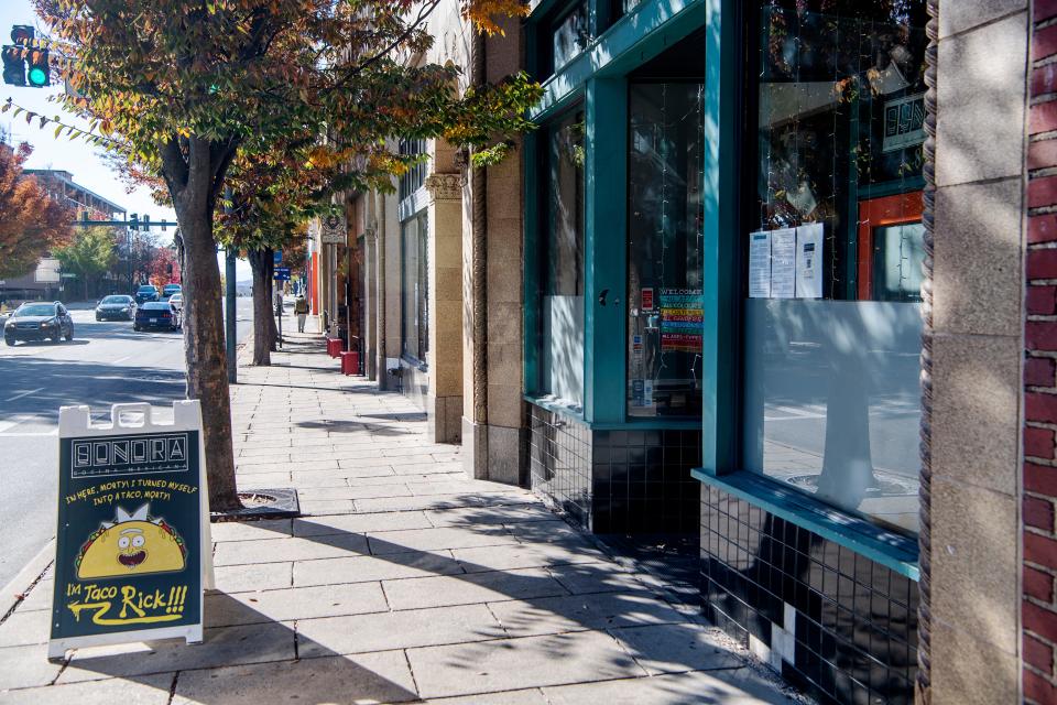 The sidewalk in front of Sonora on Patton Avenue in downtown Asheville, October 26, 2023.