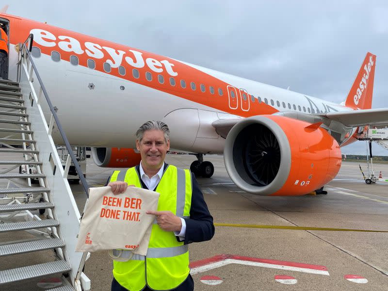 EasyJet CEO Johan Lundgren poses in front of an aircraft in Berlin