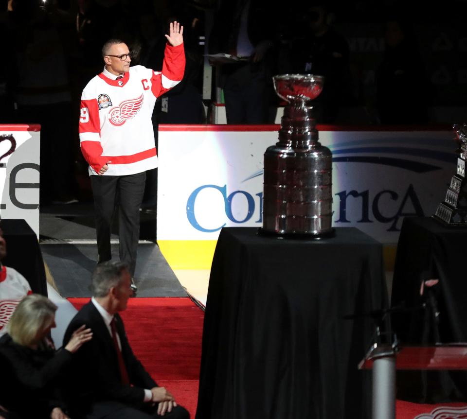 Red Wings general manager Steve Yzerman is introduced during a ceremony honoring the 25th anniversary of the win over the Flyers in the Stanley Cup finals on Thursday, Nov. 3, 2022, at Little Caesars Arena.