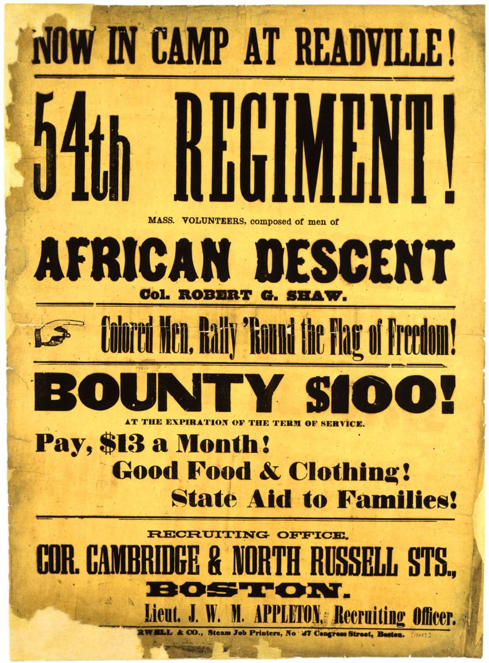 By the middle of February 1863, recruiting for the 54th Massachusetts Regiment was underway. Newspaper advertisements and recruiting posters encouraged Black men to enlist. Twenty-five men responded promptly, and by the end of the first week of enlistments 72 recruits were present at Camp Meigs in Readville (now Hyde Park), Massachusetts.