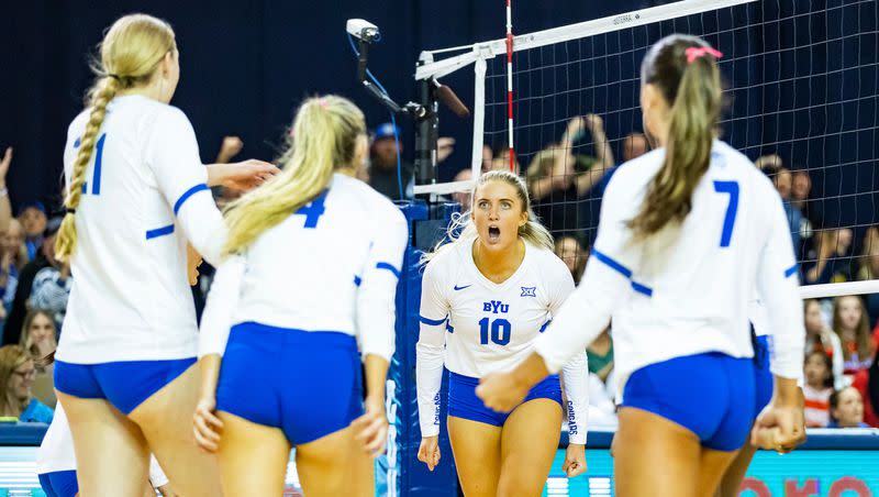 BYU players react after a point during a match against Kansas on Nov. 20, 2023, at the Smith Fieldhouse in Provo. No. 4 seed BYU hosts Weber State in the first round of the NCAA tournament Friday in Provo.