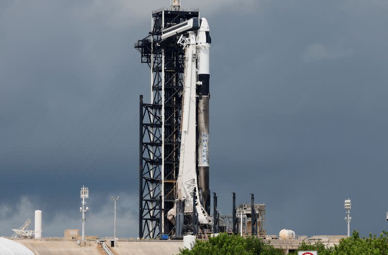 A SpaceX Falcon 9 rocket is prepared for another launch attempt for Polaris Dawn, a private human spaceflight mission