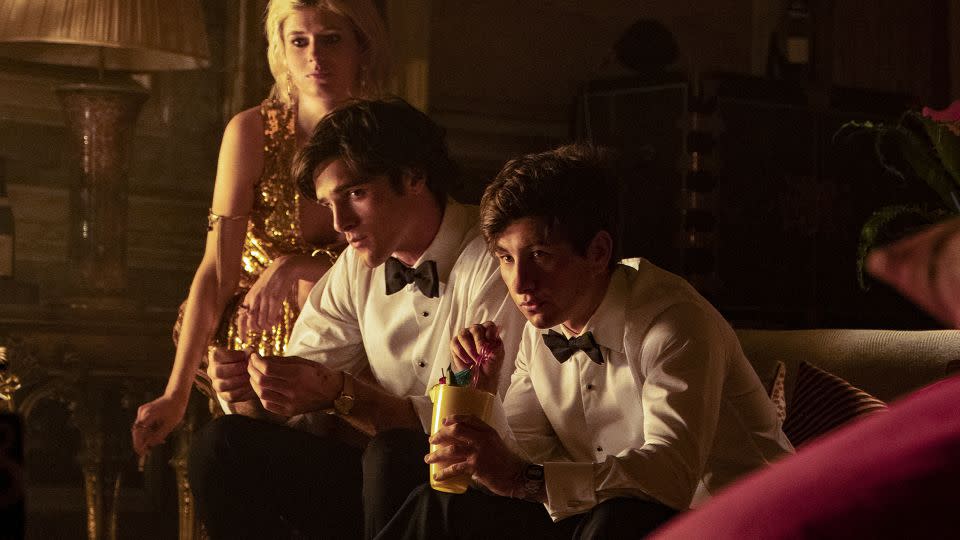 Alison Oliver as Venetia Catton, Jacob Elordi as her brother Felix, and Barry Keoghan as Oliver Quick in "Saltburn." - Chiabella James/Prime Video