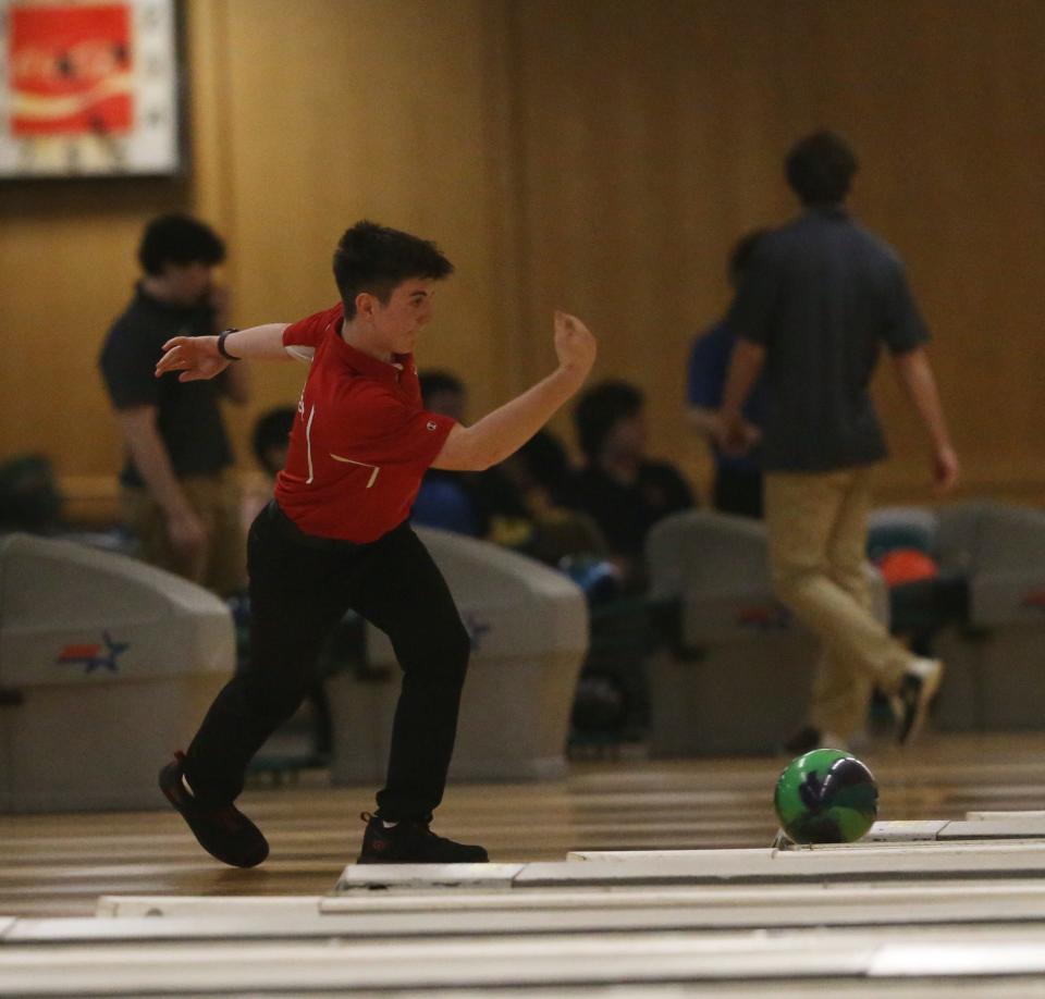 North Rockland's John Bender bowls in the Section 1 boys bowling championship in Fishkill on February 14, 2024. Bender had a final combined score of 1365.