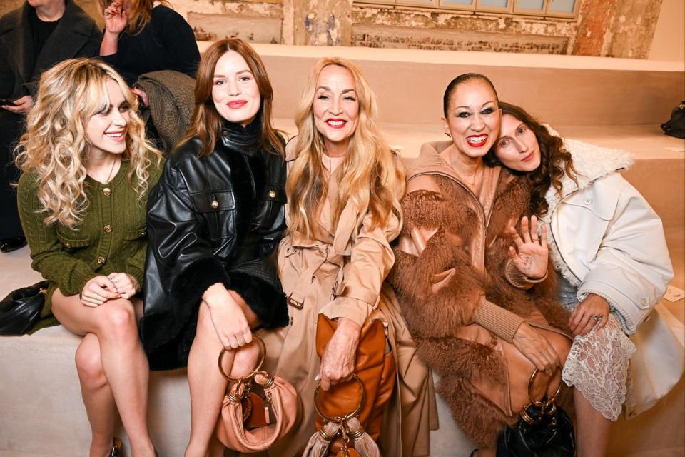 Kiernan Shipka, Georgia May Jagger, Jerry Hall, Pat Cleveland and Anna Cleveland at the Chloe AW24 show (Corbis via Getty Images)